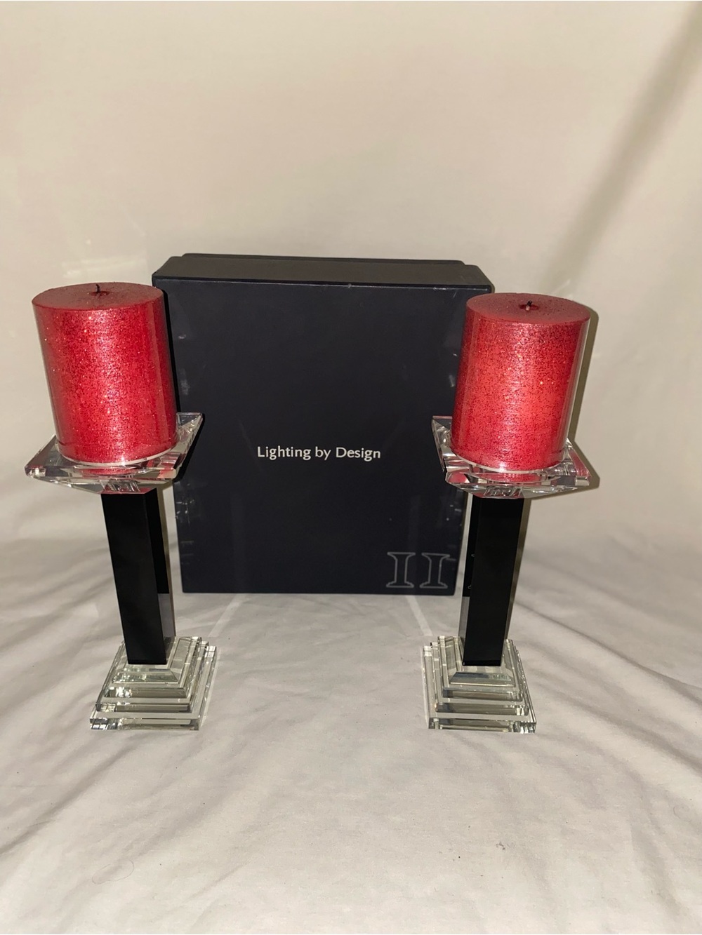 Shannon Lighting for Macys. Design Crystal & Black Glass Candlesticks - Pair